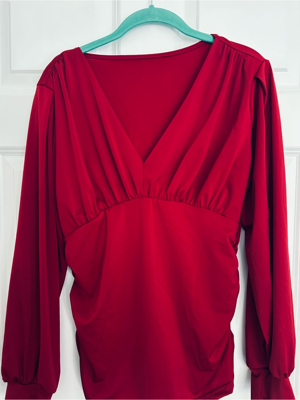 Deep Red V-Neck Long Sleeve Women’s Top
